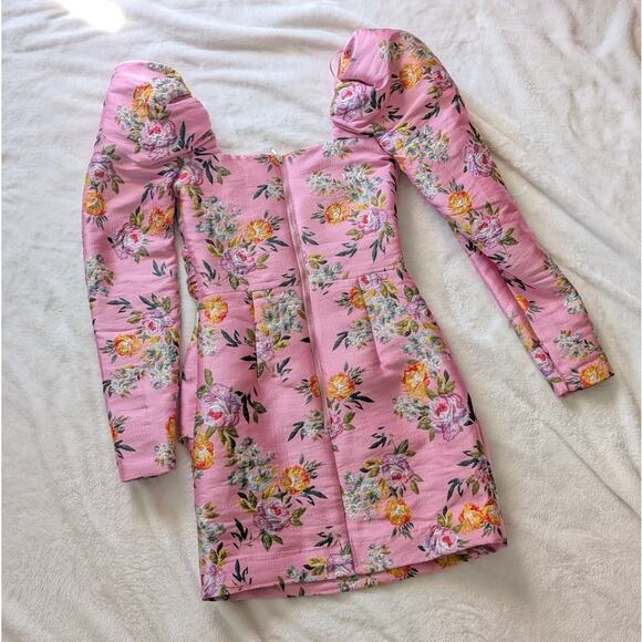 BEC & BRIDGE Pink Peony Party Jacquard Puff Shoulder Mini Dress, size 4 - Picture 3 of 10